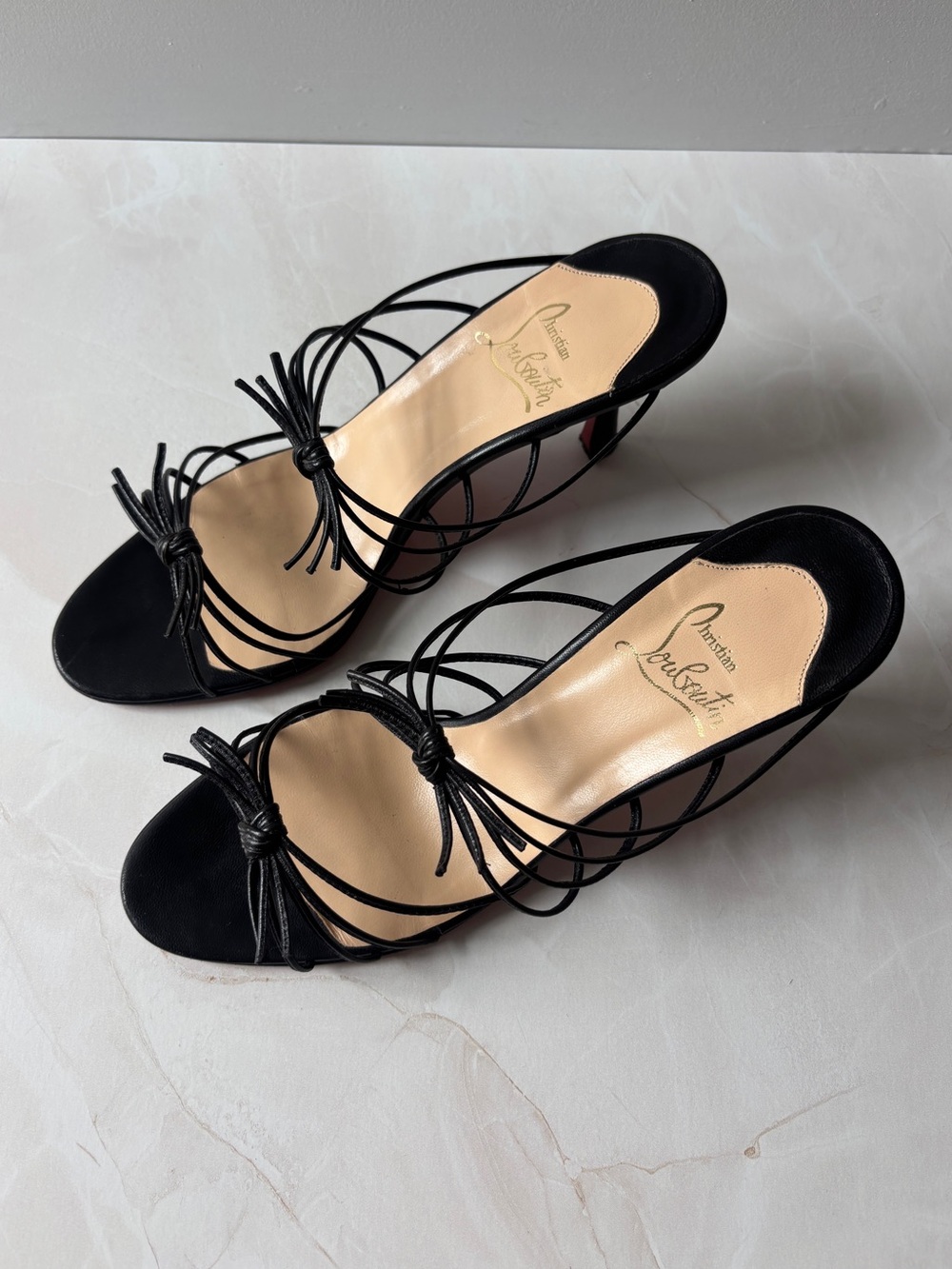Christian Louboutin Black Strappy Open-Toe Heels with Signature Red Soles - Picture 2 of 10